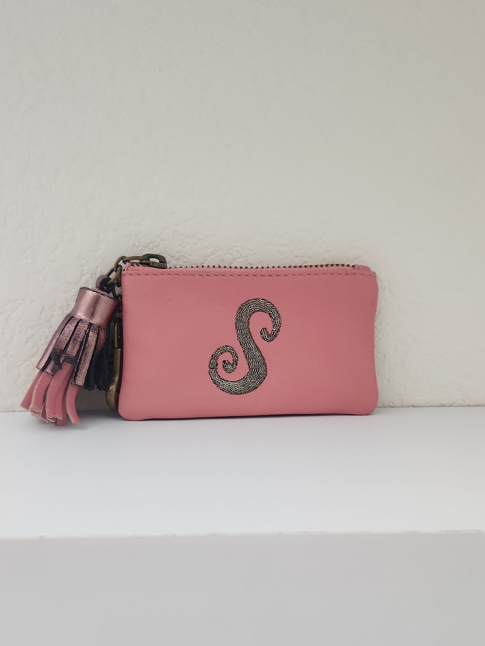 Miss Albright Pink Zip Wallet with Tassel and Embroidered S